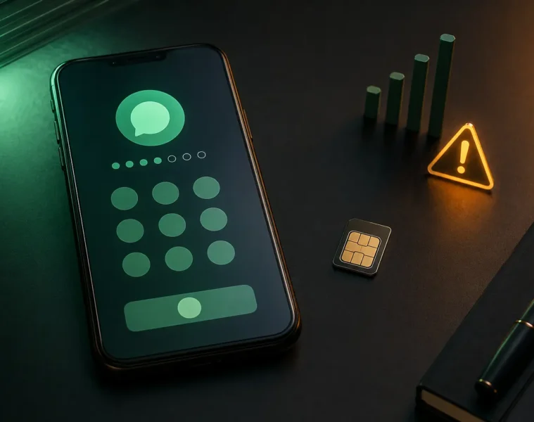 Smartphone affichant une saisie de numéro près d’une carte SIM