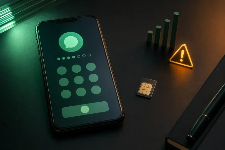 Smartphone affichant une saisie de numéro près d’une carte SIM