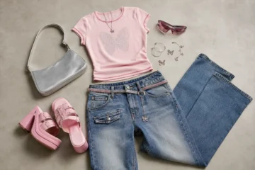 Tenue inspirée des années 2000 avec jean, petit haut, sac et lunettes