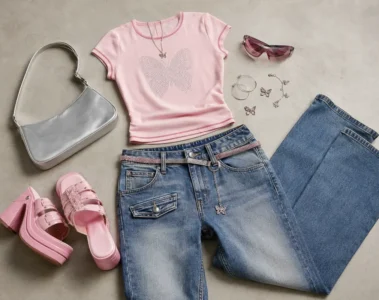Tenue inspirée des années 2000 avec jean, petit haut, sac et lunettes