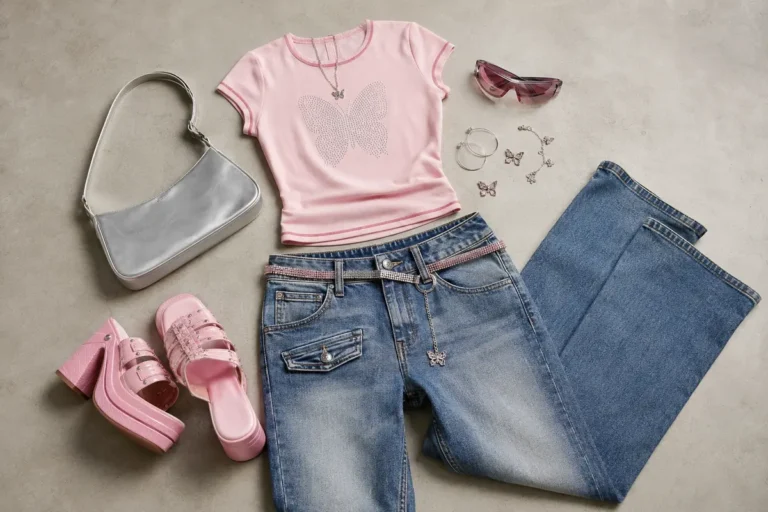 Tenue inspirée des années 2000 avec jean, petit haut, sac et lunettes