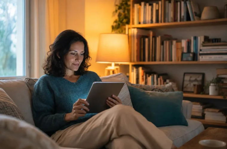 Femme lisant un ebook sur une tablette dans son salon – Bookys