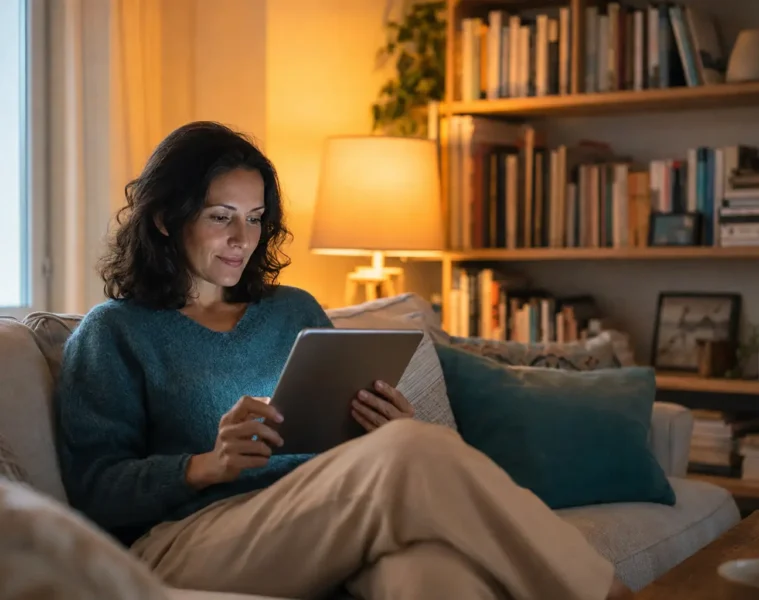 Femme lisant un ebook sur une tablette dans son salon – Bookys