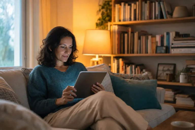 Femme lisant un ebook sur une tablette dans son salon – Bookys