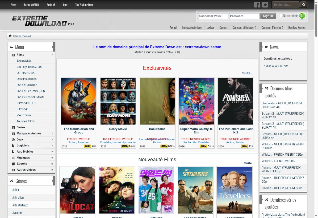 Catalogue sur la nouvelle adresse d’Extreme Download en août 2026