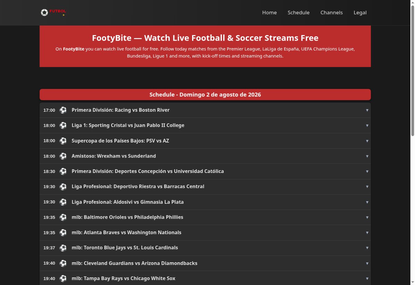 Catalogue sur la nouvelle adresse de Footybite en août 2026