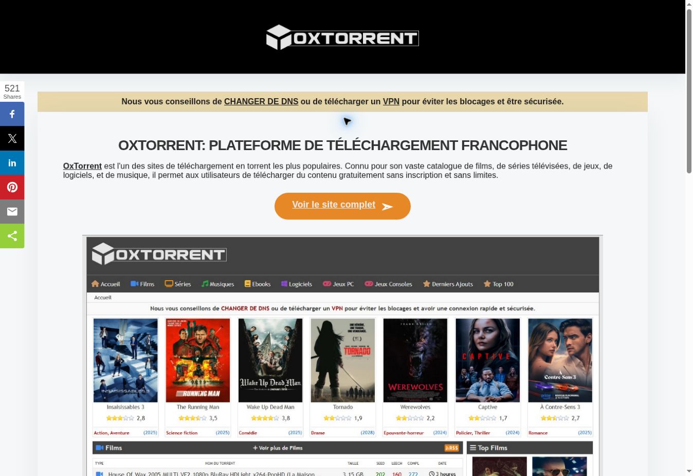 Catalogue sur la nouvelle adresse d’OxTorrent en août 2026