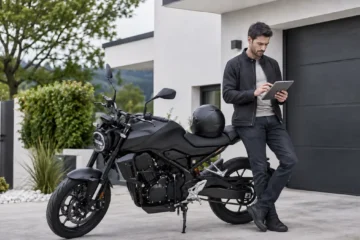 Motard consultant un devis d’assurance moto personnalisé sur une tablette devant son garage