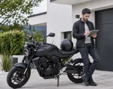 Motard consultant un devis d’assurance moto personnalisé sur une tablette devant son garage