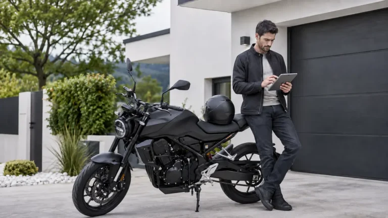 Motard consultant un devis d’assurance moto personnalisé sur une tablette devant son garage
