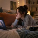 Uzirov : nouvelle adresse et accès au site en août 2026 Femme regardant une série en streaming sur un ordinateur portable – Uzirov
