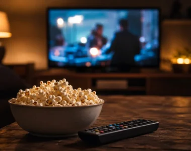 Soirée streaming avec popcorn et télévision – Vatrab