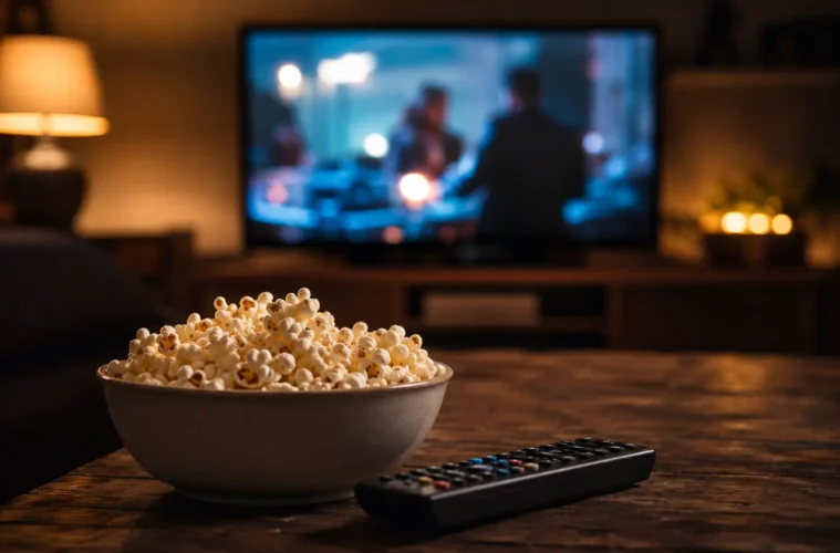 Soirée streaming avec popcorn et télévision – Vatrab