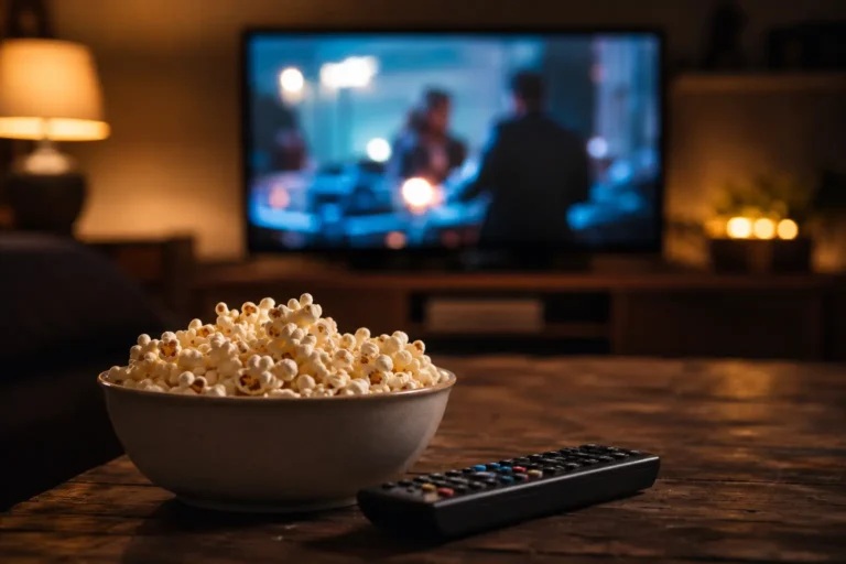 Soirée streaming avec popcorn et télévision – Vatrab