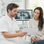 Comment choisir une mutuelle dentaire adaptée à ses besoins ? Dentiste présentant un devis de soins dentaires à une patiente