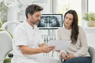 Dentiste présentant un devis de soins dentaires à une patiente