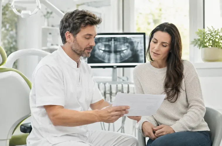 Dentiste présentant un devis de soins dentaires à une patiente