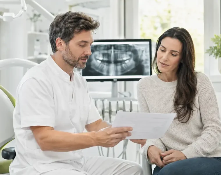 Dentiste présentant un devis de soins dentaires à une patiente