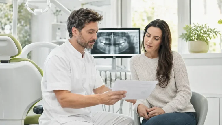 Dentiste présentant un devis de soins dentaires à une patiente