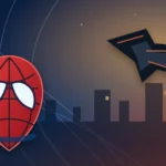 Illustration de la fin de Spider-Man Homecoming avec un masque, une toile et une aile mécanique au-dessus de New York