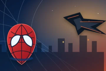 Illustration de la fin de Spider-Man Homecoming avec un masque, une toile et une aile mécanique au-dessus de New York