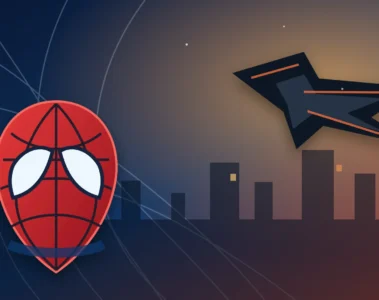 Illustration de la fin de Spider-Man Homecoming avec un masque, une toile et une aile mécanique au-dessus de New York
