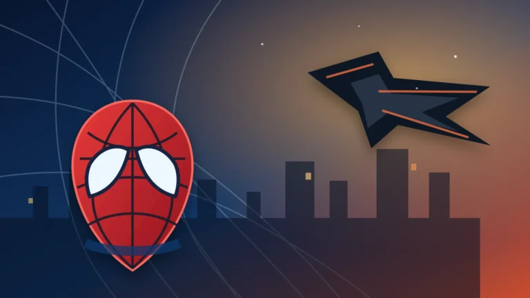 Illustration de la fin de Spider-Man Homecoming avec un masque, une toile et une aile mécanique au-dessus de New York