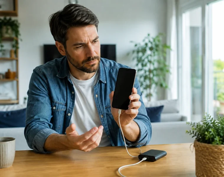 Utilisateur constatant que son téléphone s’est éteint malgré une batterie encore annoncée
