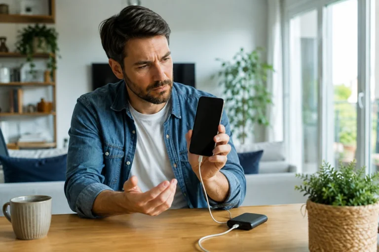 Utilisateur constatant que son téléphone s’est éteint malgré une batterie encore annoncée