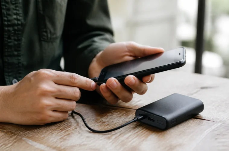 Batterie externe intacte reliée à un smartphone sans progression de charge