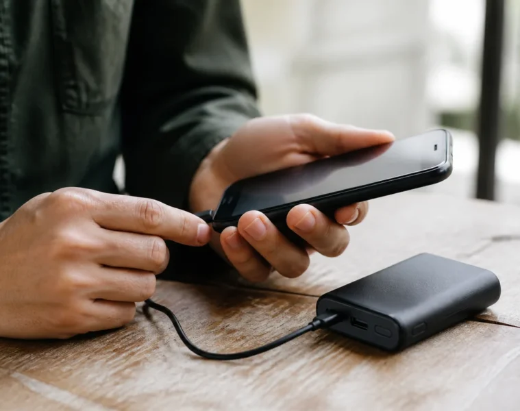 Batterie externe intacte reliée à un smartphone sans progression de charge