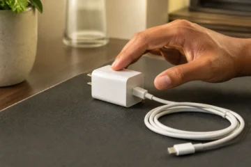 Chargeur de téléphone contrôlé prudemment sur une surface dégagée