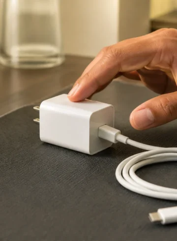Chargeur de téléphone contrôlé prudemment sur une surface dégagée