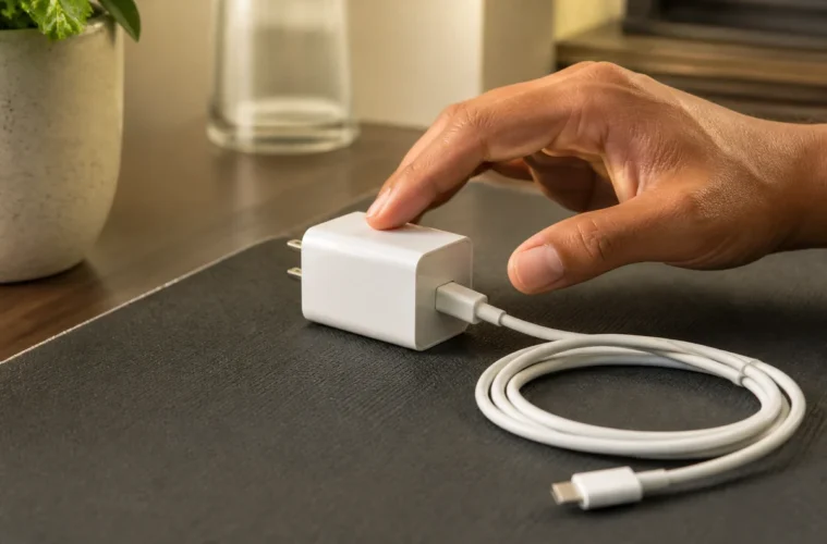 Chargeur de téléphone contrôlé prudemment sur une surface dégagée
