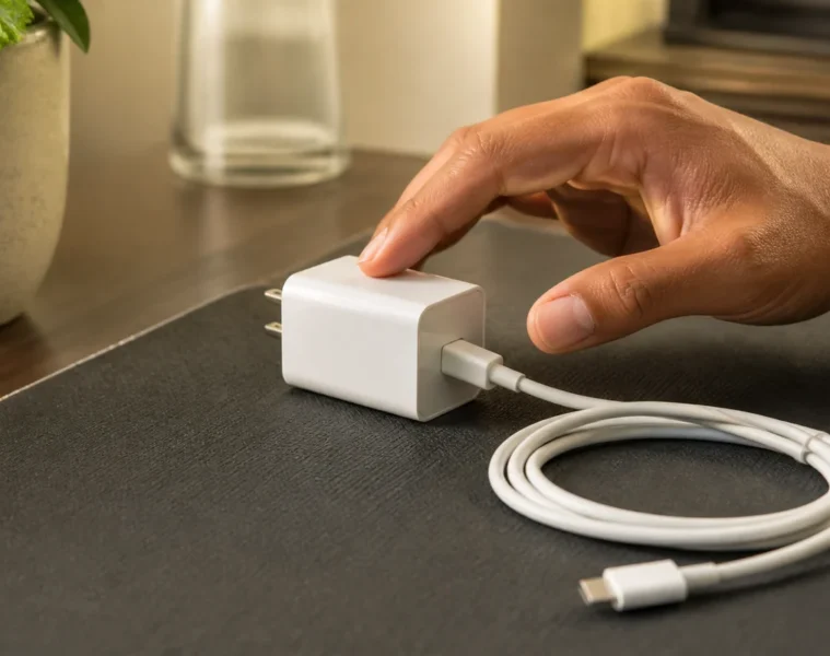 Chargeur de téléphone contrôlé prudemment sur une surface dégagée