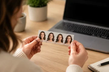 Planche photo-signature à côté d’un ordinateur pour une démarche en ligne