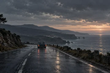 Illustration originale de Contrôle d’identité : voiture anonyme sur une route côtière au crépuscule.
