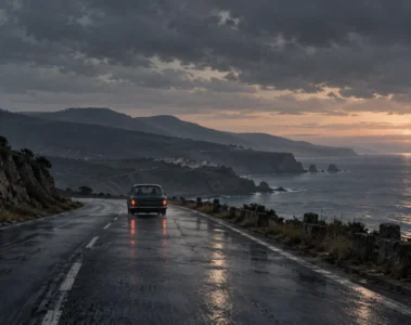Illustration originale de Contrôle d’identité : voiture anonyme sur une route côtière au crépuscule.
