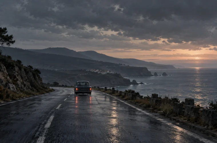 Illustration originale de Contrôle d’identité : voiture anonyme sur une route côtière au crépuscule.