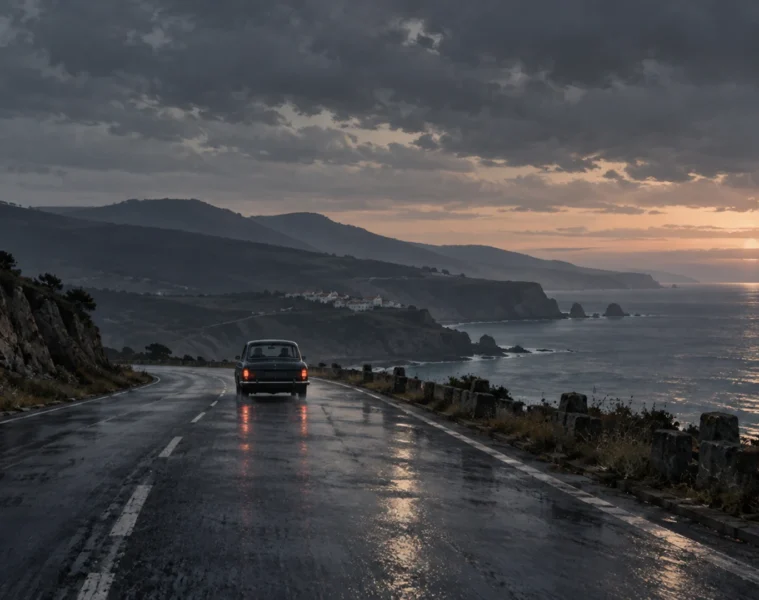 Illustration originale de Contrôle d’identité : voiture anonyme sur une route côtière au crépuscule.