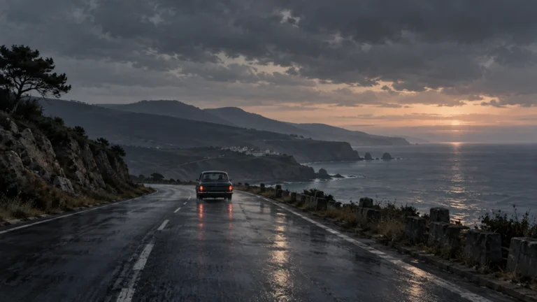 Illustration originale de Contrôle d’identité : voiture anonyme sur une route côtière au crépuscule.