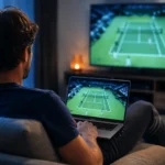 Un spectateur regarde du tennis sur un ordinateur portable et une télévision