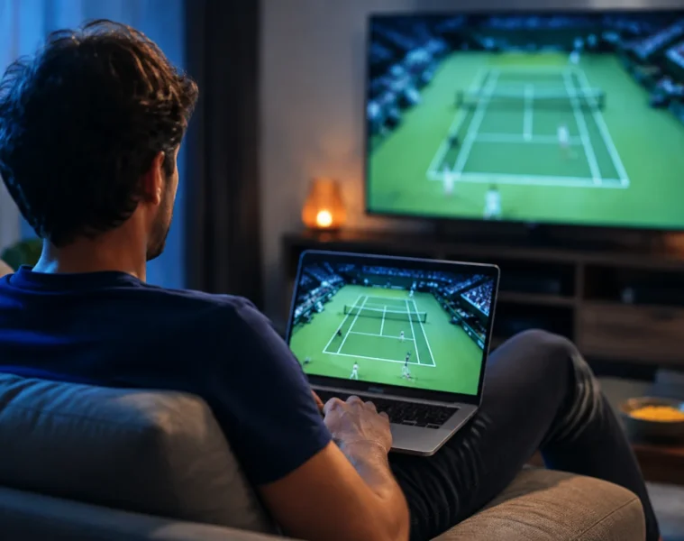 Un spectateur regarde du tennis sur un ordinateur portable et une télévision