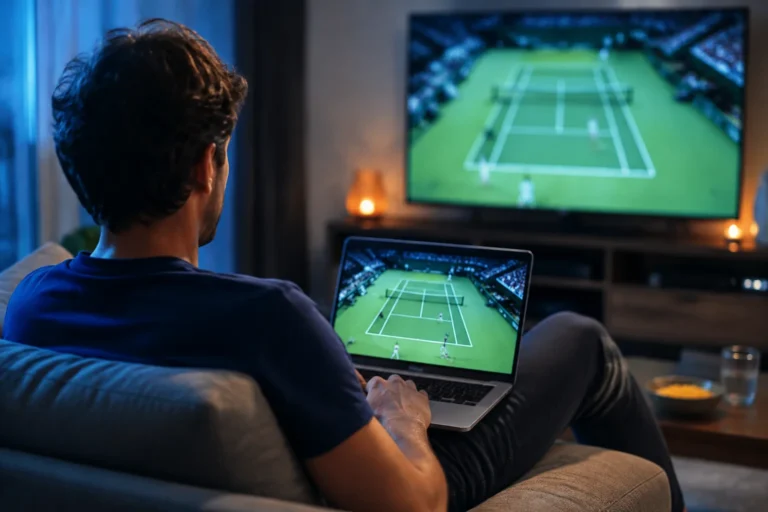 Un spectateur regarde du tennis sur un ordinateur portable et une télévision