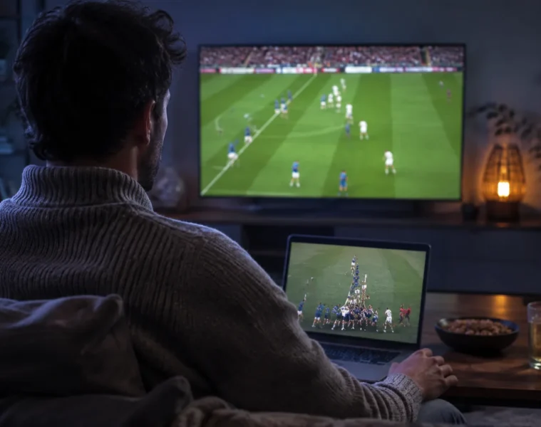 Un spectateur suit du rugby sur un ordinateur portable et une télévision