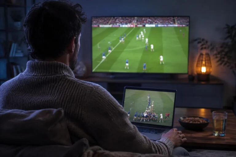 Un spectateur suit du rugby sur un ordinateur portable et une télévision