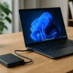 Disque dur externe relié à un ordinateur portable pour un diagnostic de connexion