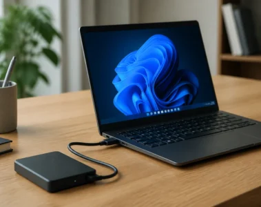 Disque dur externe relié à un ordinateur portable pour un diagnostic de connexion
