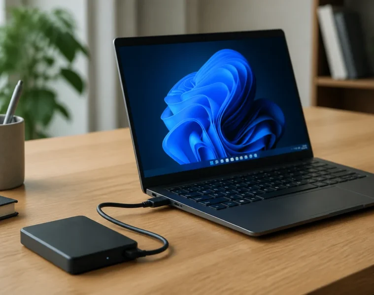 Disque dur externe relié à un ordinateur portable pour un diagnostic de connexion