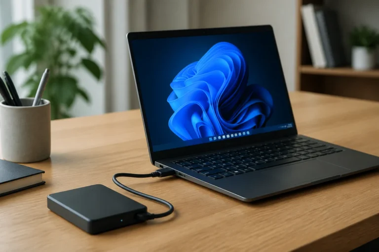 Disque dur externe relié à un ordinateur portable pour un diagnostic de connexion
